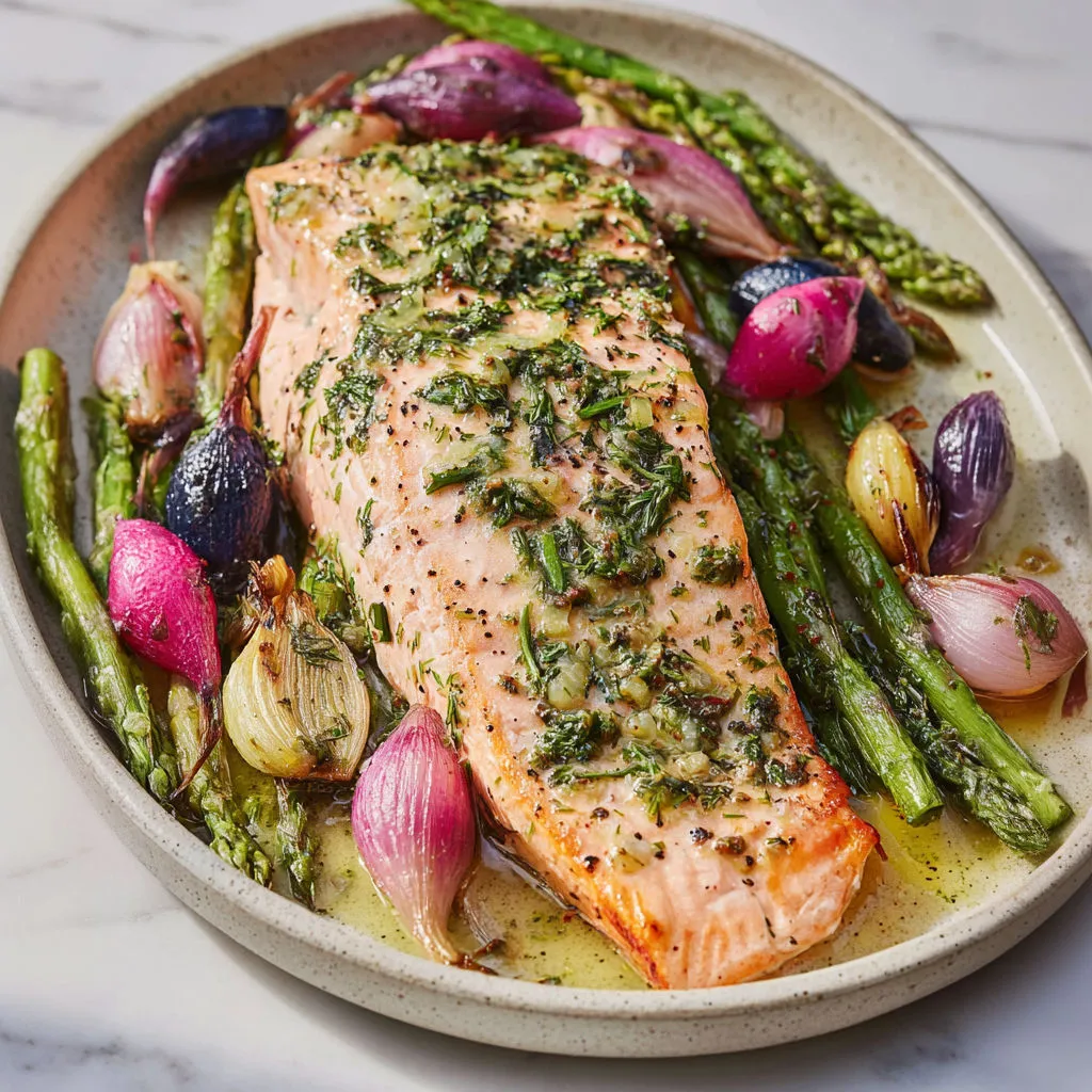 Un filet de saumon savoureux entouré de légumes frais et colorés dans un plat.