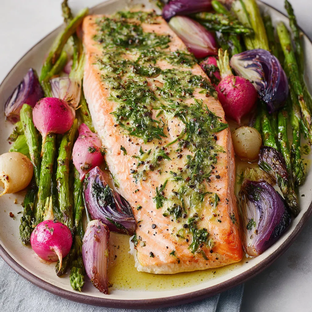 Saumon doré au four avec asperges radis et oignons nouveaux un plat plein de couleurs fraîches.
