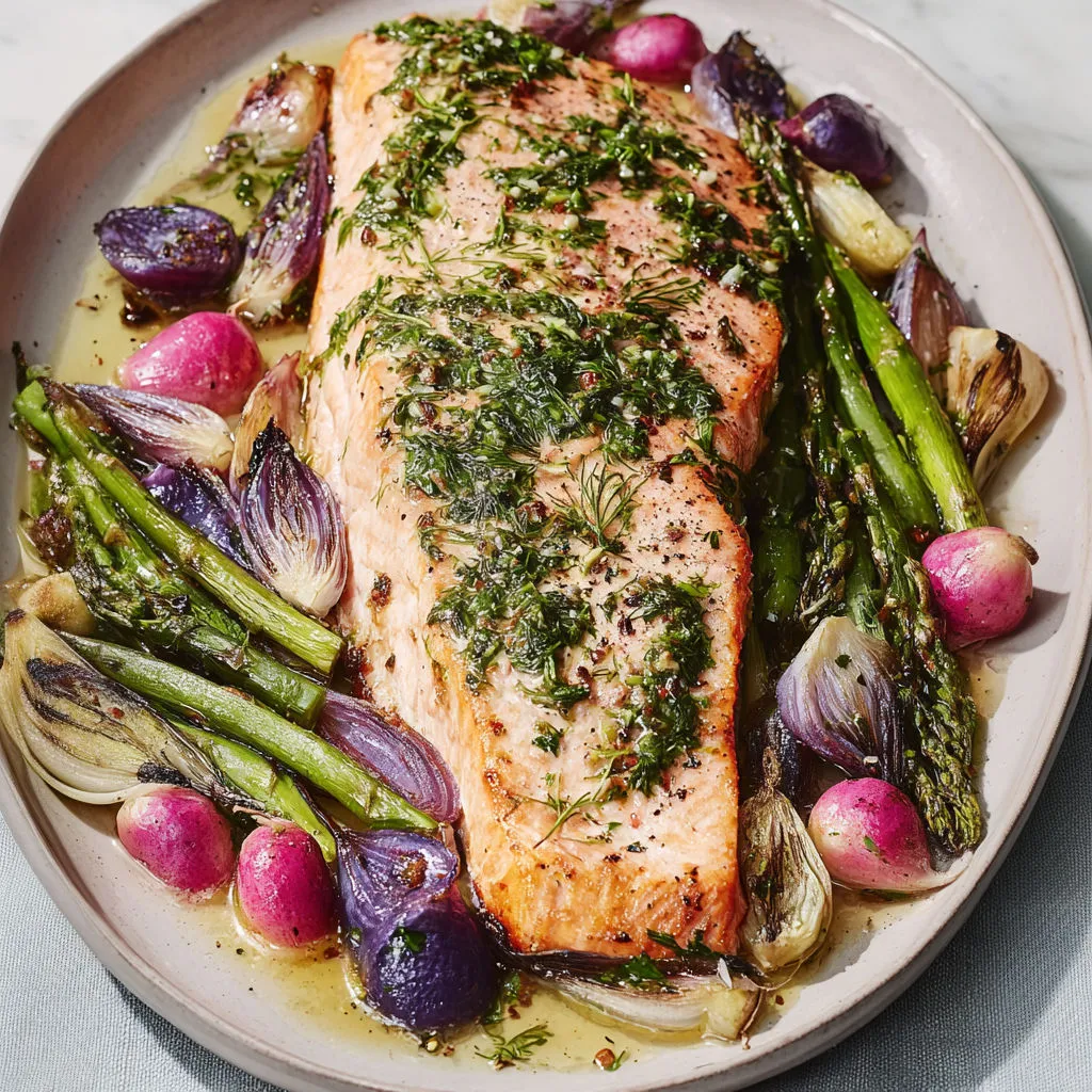 Filet de saumon tendre sur légumes rôtis nappé d’une sauce moutarde et citron aux herbes fraîches.