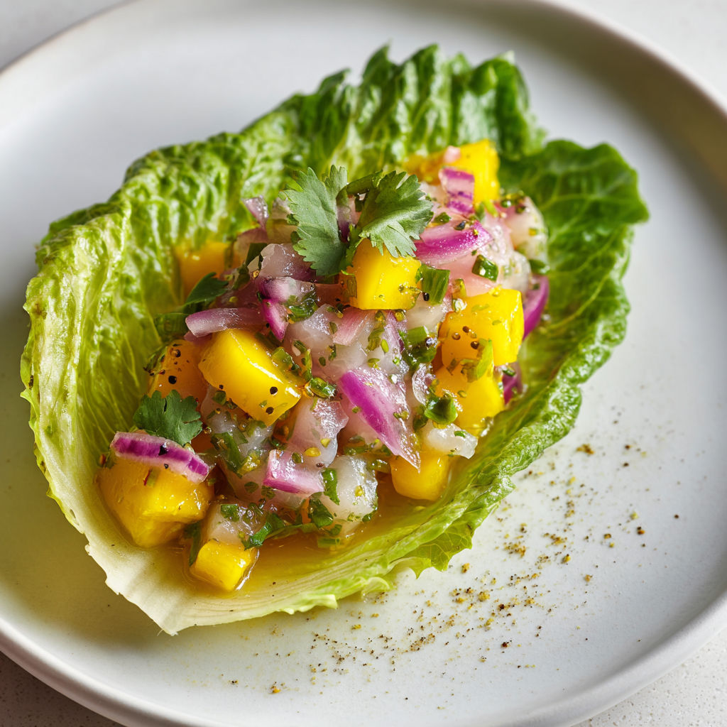 Un plat raffiné de daurade, mangue et coriandre servi sur un plateau élégant.