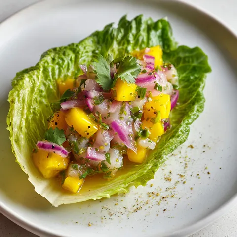 Un plat raffiné de daurade, mangue et coriandre servi sur un plateau élégant.