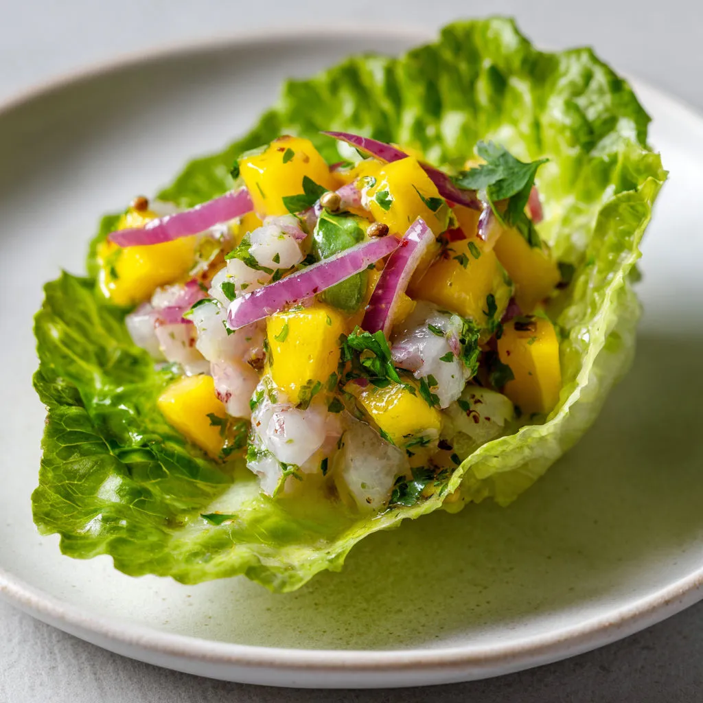Daurade crue rafraîchissante, mangue fondante et coriandre, servies sur sucrine croquante.