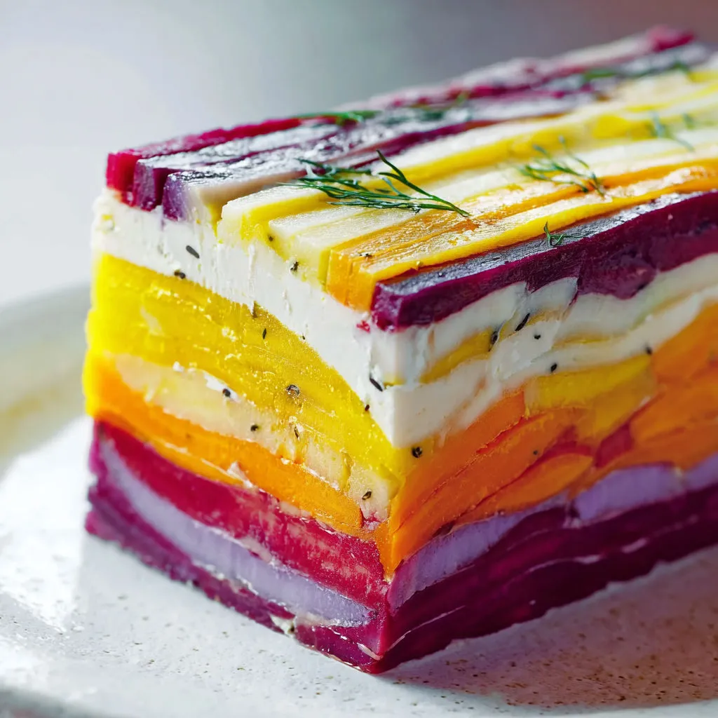 Carottes jaunes, orange et violettes avec une couche de chèvre frais sur une assiette.
