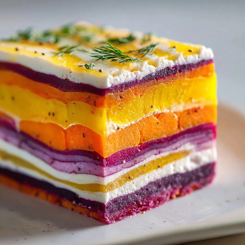 Terrine toute fraîche et colorée aux carottes multicolores et chèvre fondant en couches superposées.