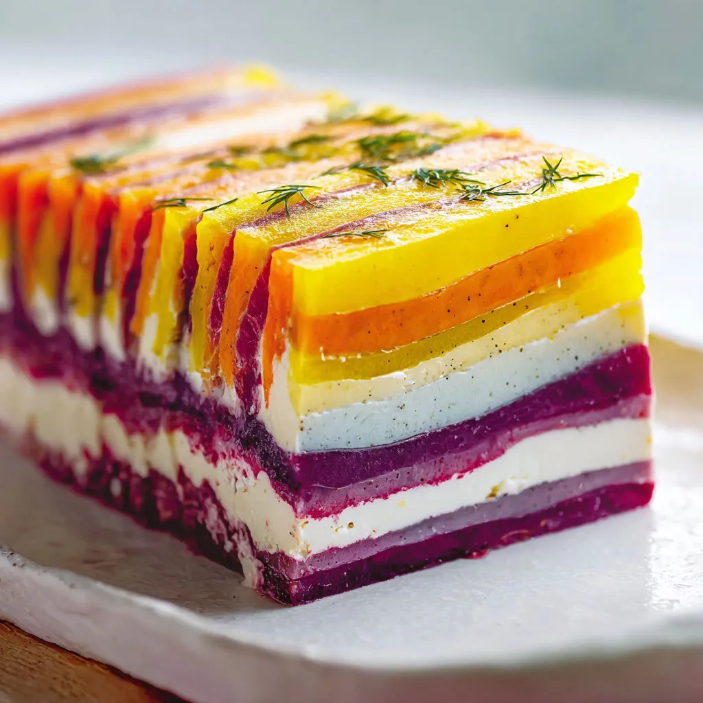 Entrée fraîche aux carottes colorées superposées et crème de chèvre parfumée au miel et cumin.