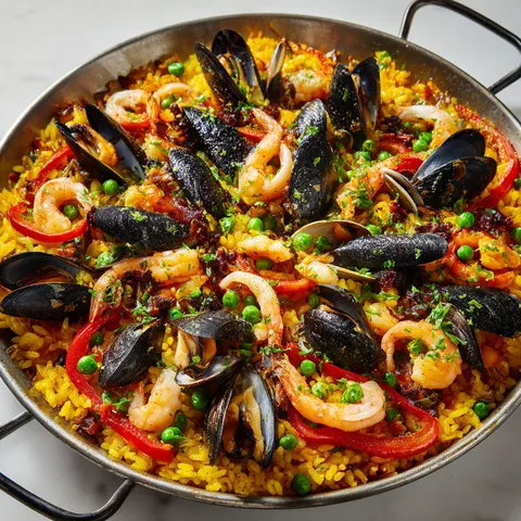 Un grand plat de moules et crevettes à la catalane, accompagné de riz jaune et de légumes frais.