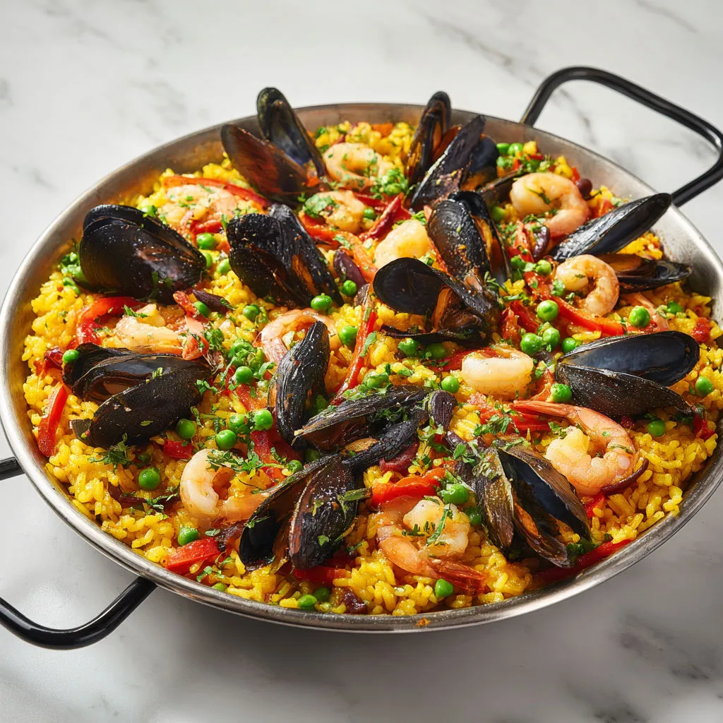 Un grand plat de paella avec moules, petits pois, tomates et crevettes.