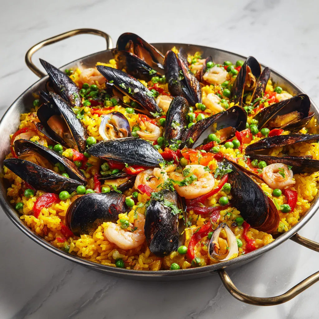 Une casserole de moules et légumes avec pois, tomates, oignons et épinards dans un bol argenté.
