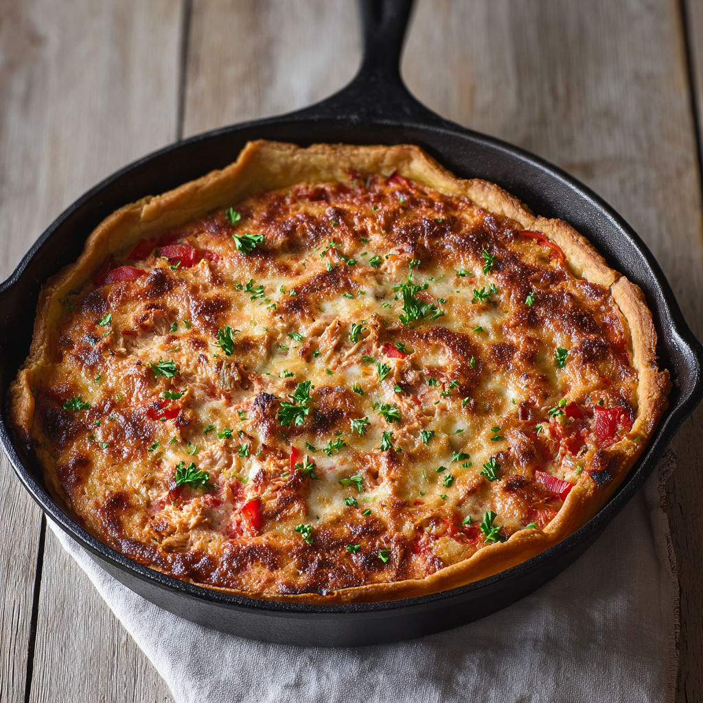 Quiche au thon à la catalane, garnie de poivrons rouges grillés, tomates et oignons rouges sur une base crémeuse d’œufs.