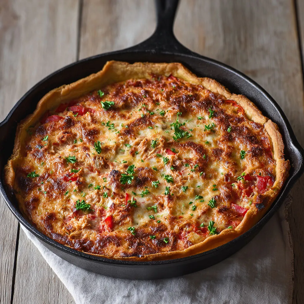 Quiche au thon à la catalane, garnie de poivrons rouges grillés, tomates et oignons rouges sur une base crémeuse d’œufs.