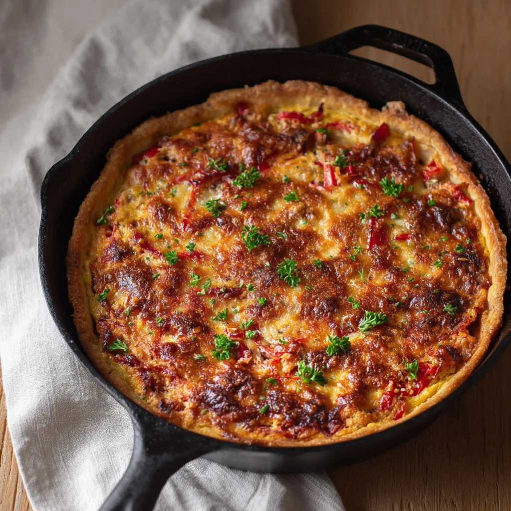 Tarte salée gratinée et fondante, mélangeant thon émietté, légumes du sud et fromage doré.