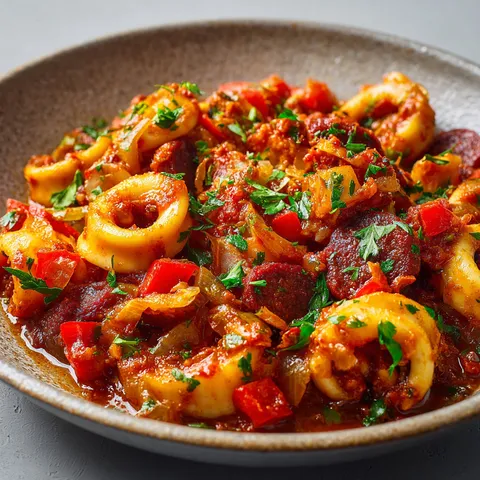 Un bol de calamars mijotés avec du chorizo et des poivrons.