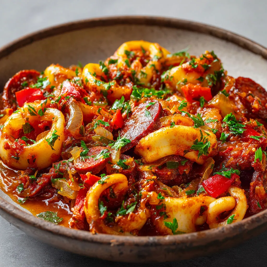 Calamars en sauce tomate et vin blanc, avec chorizo doux et poivron rouge.