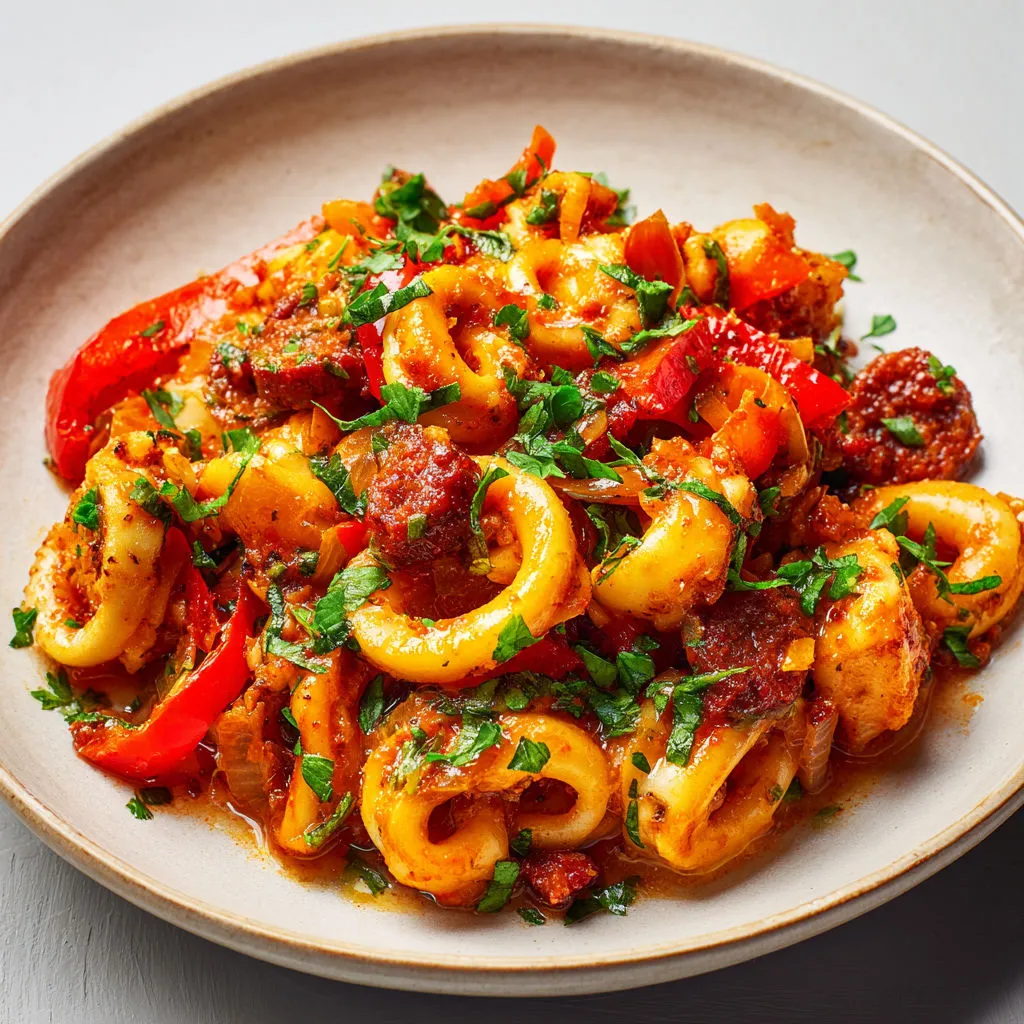 Poêlée de fruits de mer à la méditerranéenne, calamars tendres et chorizo savoureux.