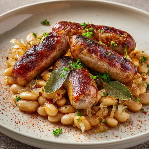 Plat gourmand de saucisses grillées et haricots blancs fondants.