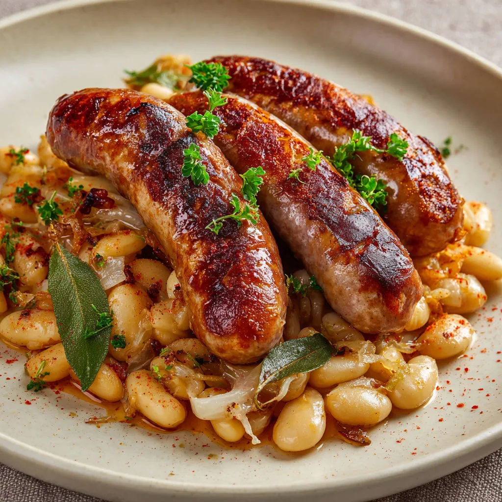 De belles saucisses catalanes dorées avec des haricots blancs fondants, ail, oignon et paprika doux.