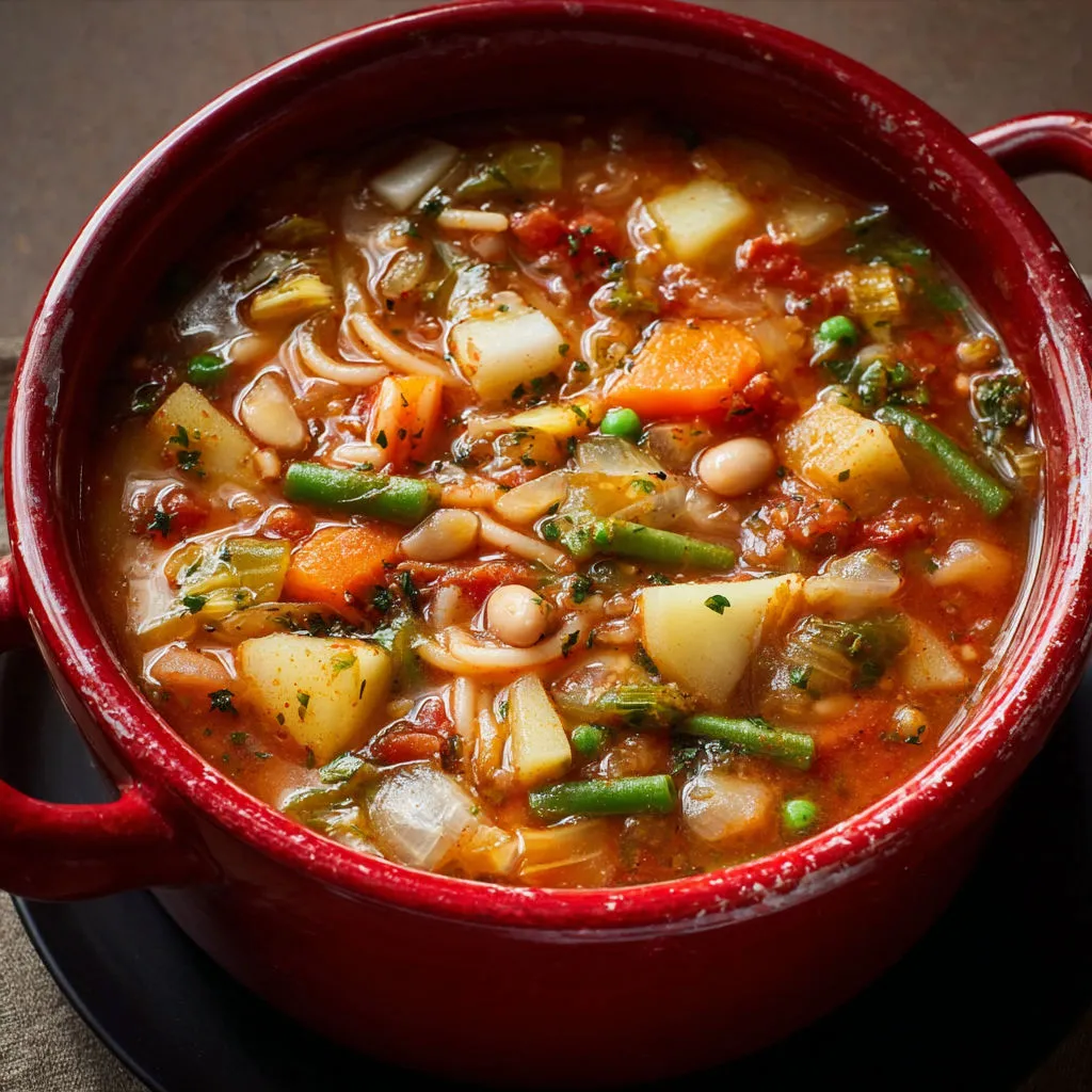 Soupe familiale à l’italienne, pleine de légumes, haricots blancs et pâtes, longuement mijotée avec lard et bouillon bien parfumé.