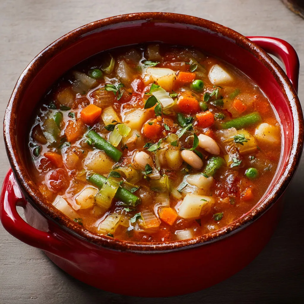 Minestrone rustique, consistant et douillet, plein de haricots, patates, spaghettis, ail, huile d’olive et fromage râpé fondant.