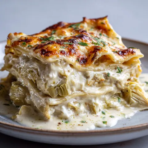 Plat gourmand de lasagnes gratinées avec sauce béchamel et artichauts poêlés.