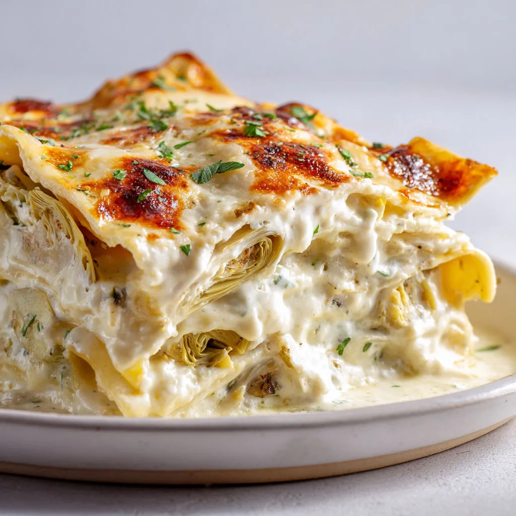Lasagnes blanches, ricotta, béchamel et artichauts à l’ail.