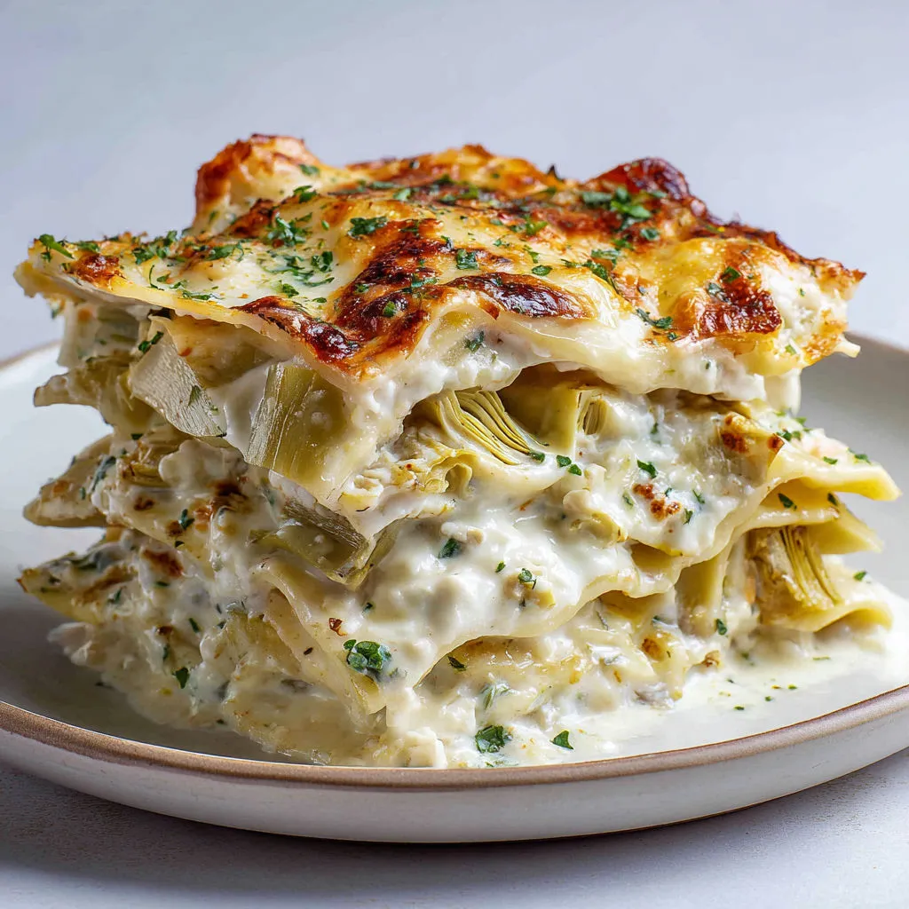 Lasagnes blanches avec ricotta, béchamel et artichauts à l’ail.