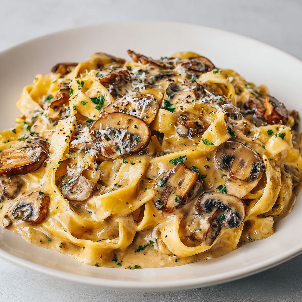 Assiette de pâtes avec champignons dorés, ail et parmesan sur une table.