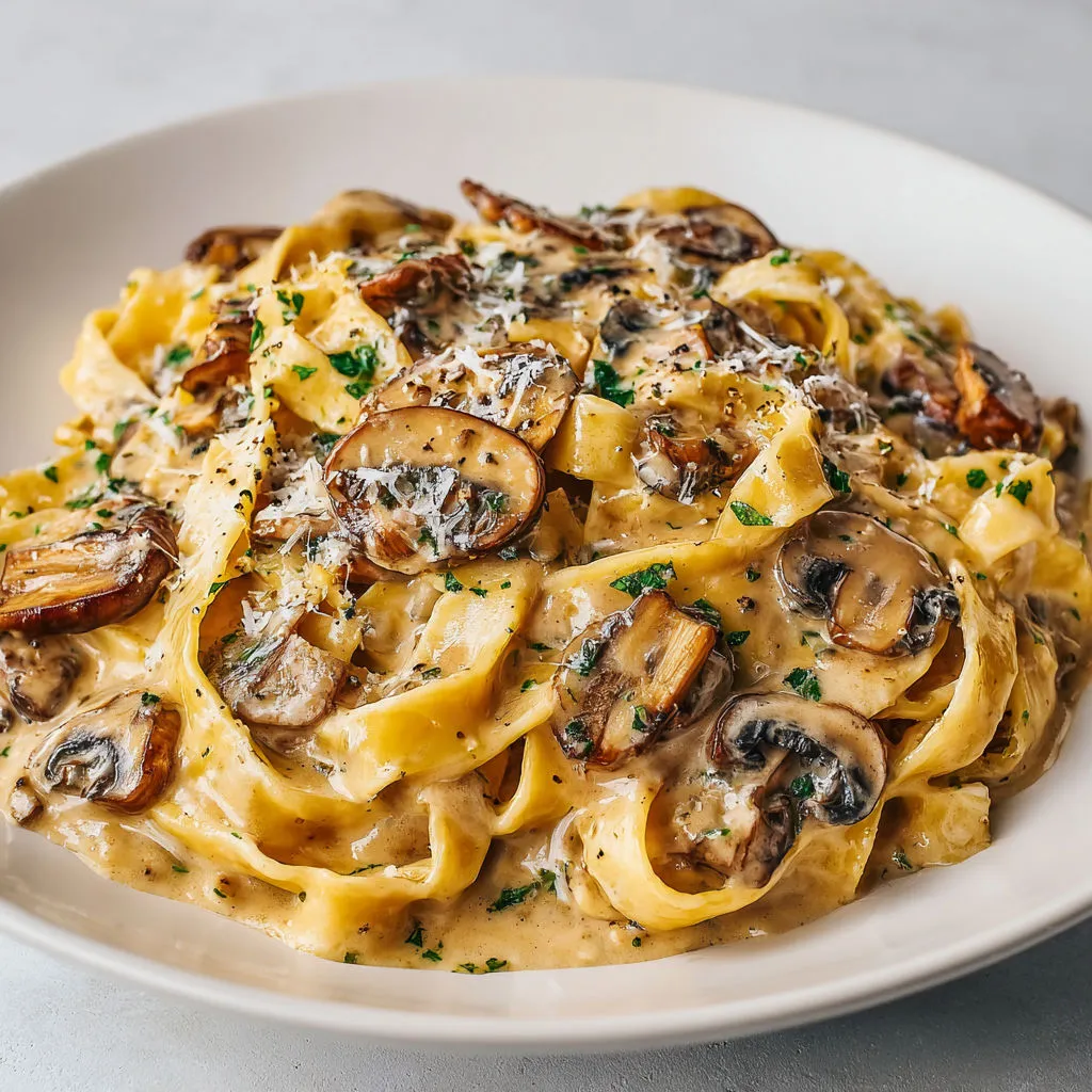 Assiette de pâtes avec champignons dorés, ail et parmesan sur une table.