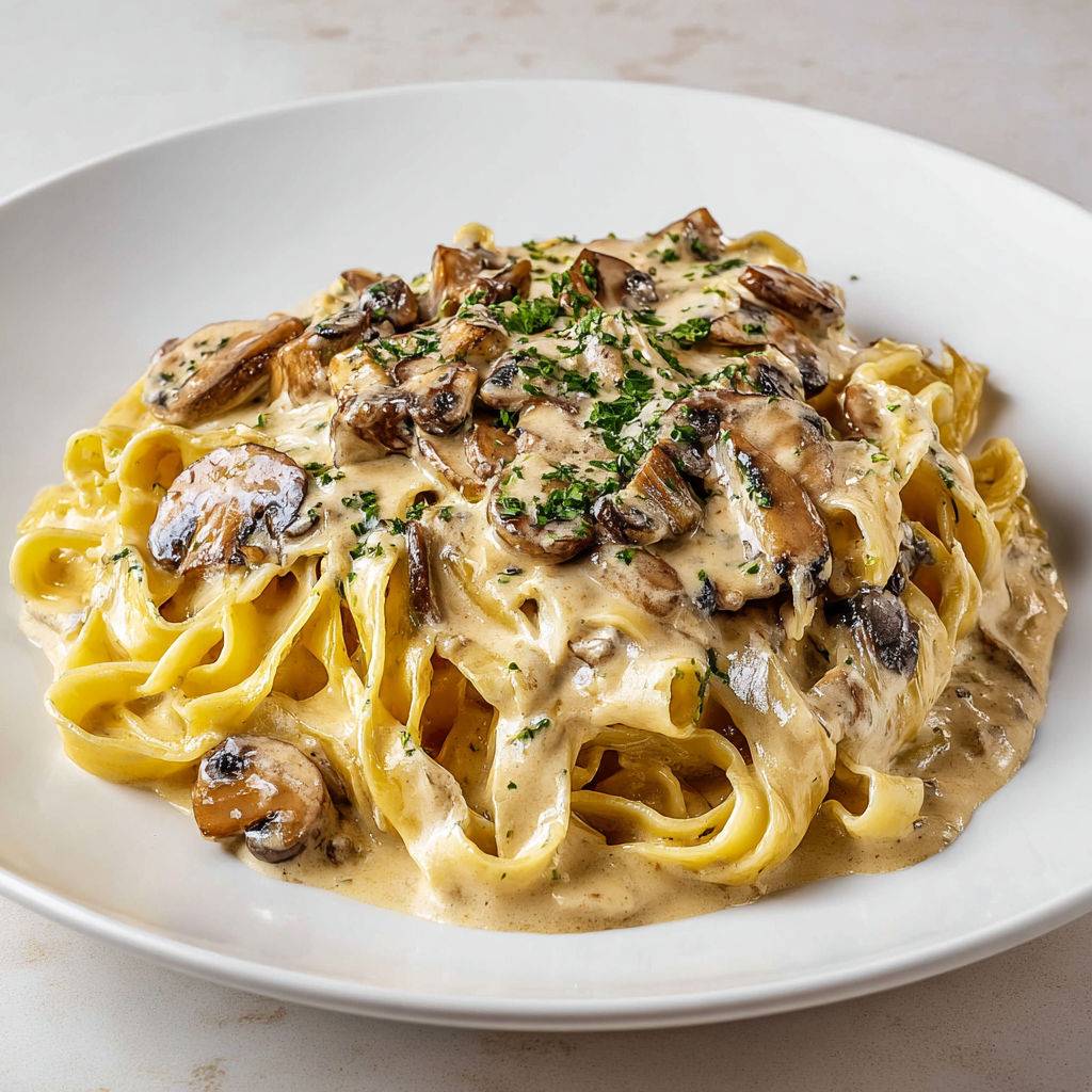 Tagliatelle fraîches aux champignons poêlés avec ail et huile d’olive, recouvertes de parmesan fondant.