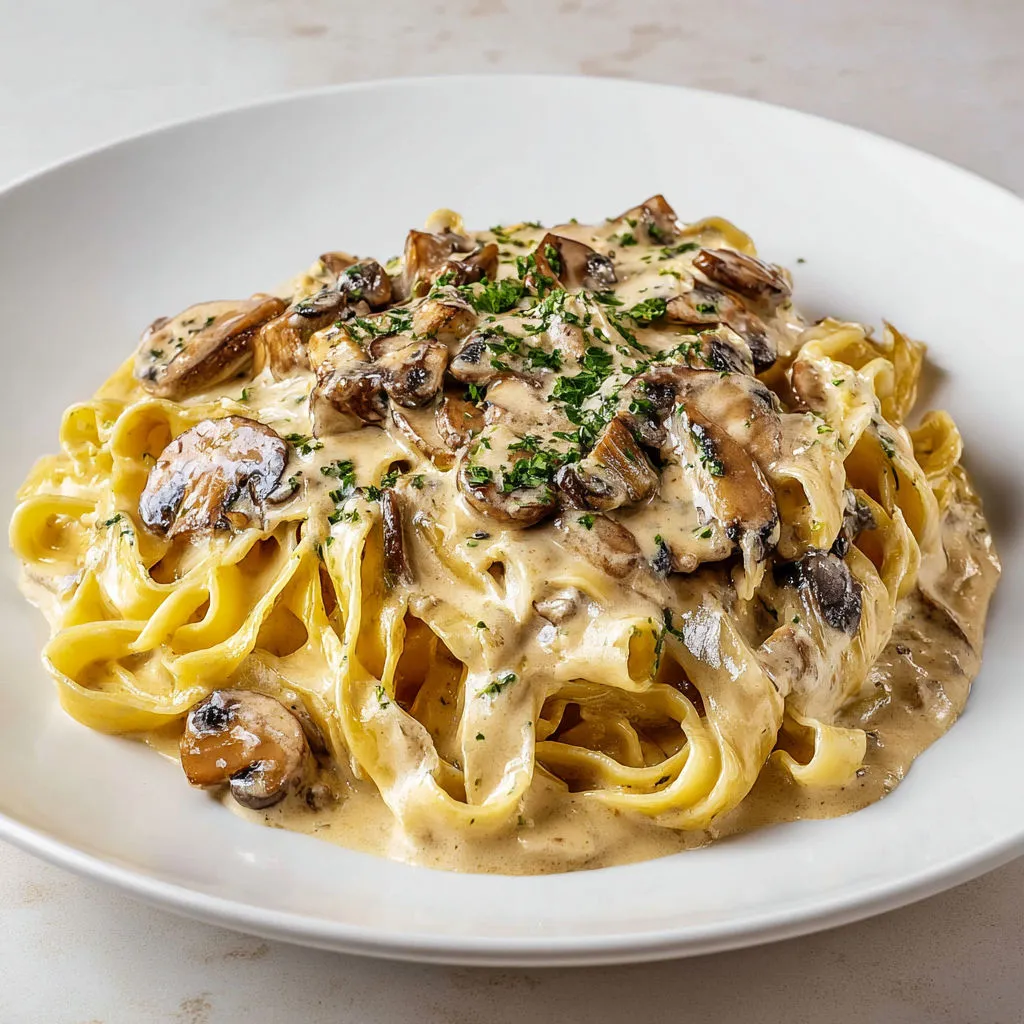 Tagliatelle fraîches aux champignons poêlés avec ail et huile d’olive, recouvertes de parmesan fondant.
