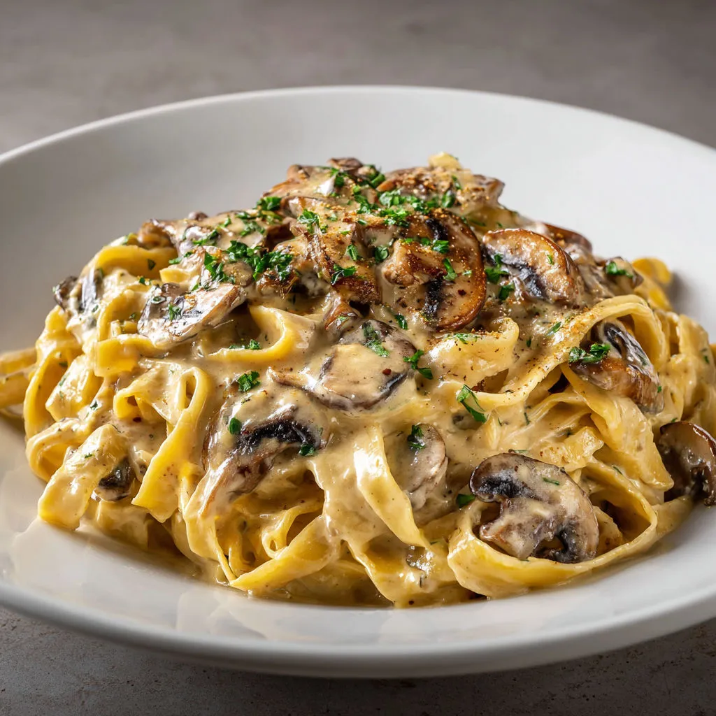 Pâtes généreuses aux champignons sautés, persillées et nappées d’une sauce simple et goûteuse.