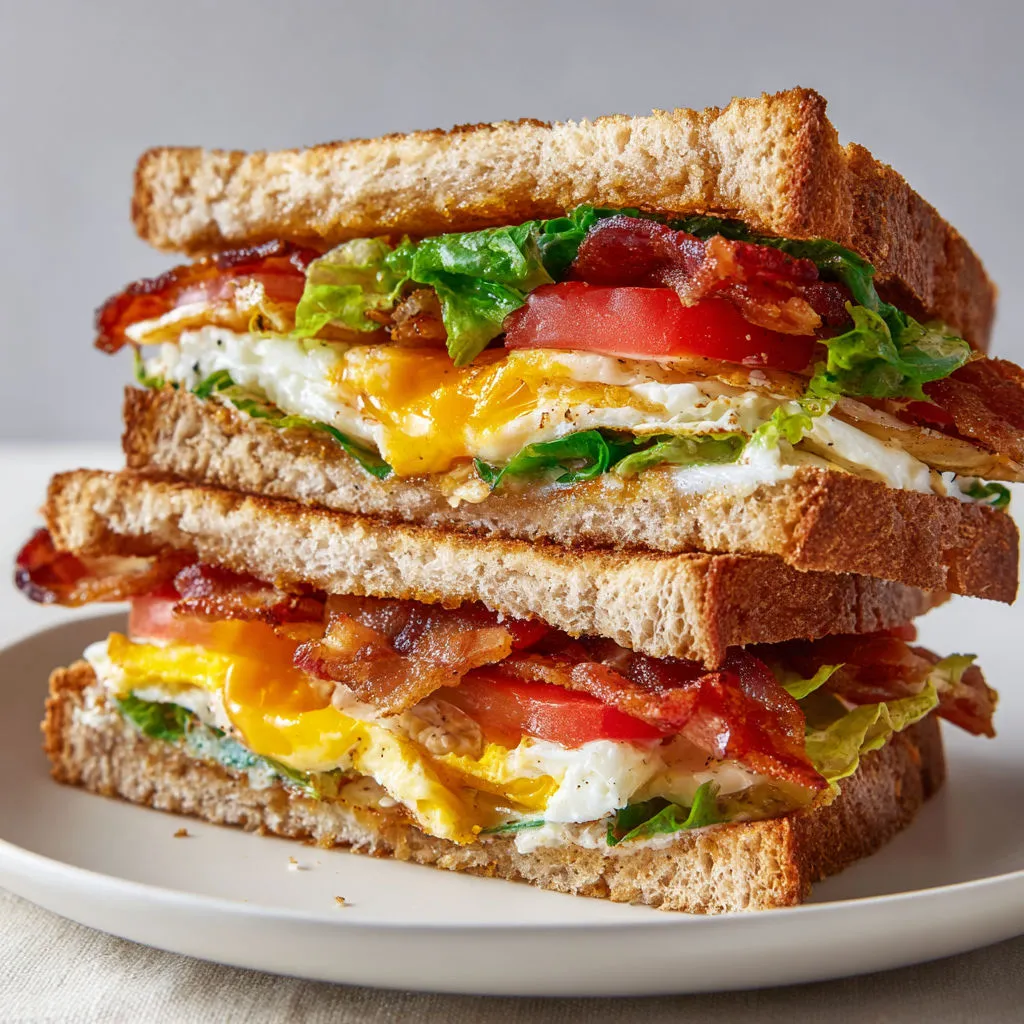 Sandwich gourmand et croustillant avec bacon, œuf, laitue fraîche et tomate, le tout lié par du fromage frais.