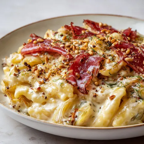 Un plat généreux de pâtes à la coppa, garni de bacon, herbes fraîches et noix.