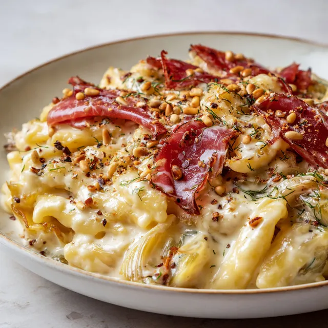 Un plat généreux de pâtes à la coppa, garni de bacon, herbes fraîches et noix.