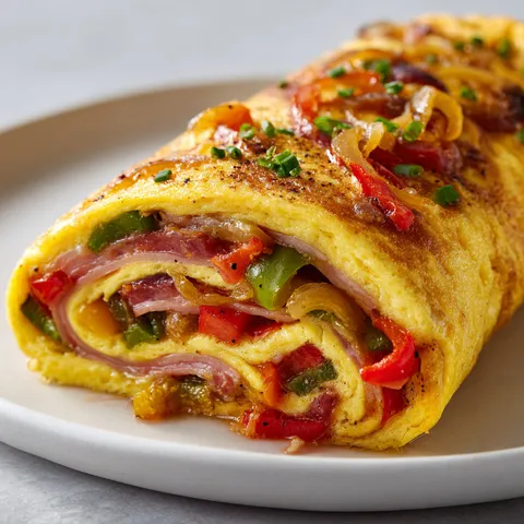 Une roulée garnie de jambon et poivrons est servie sur une assiette.