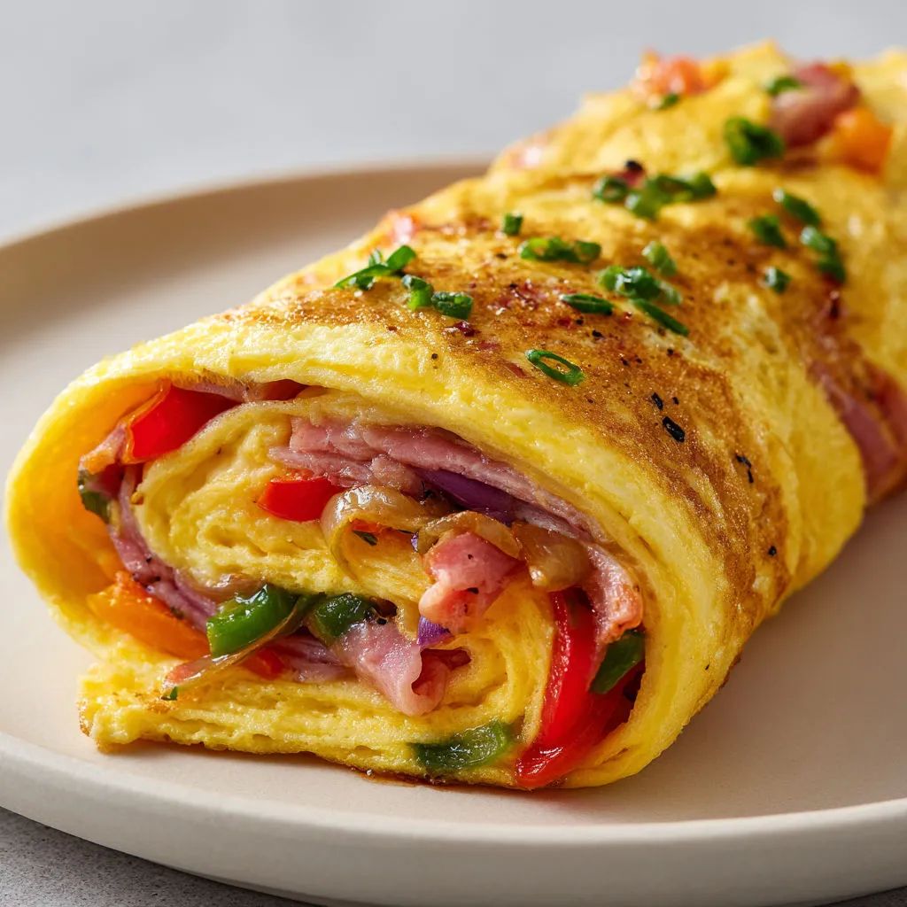 Omelette bien moelleuse avec poivrons et oignons fondus, garnie de jambon de Bayonne salé, présentée roulée et généreuse.