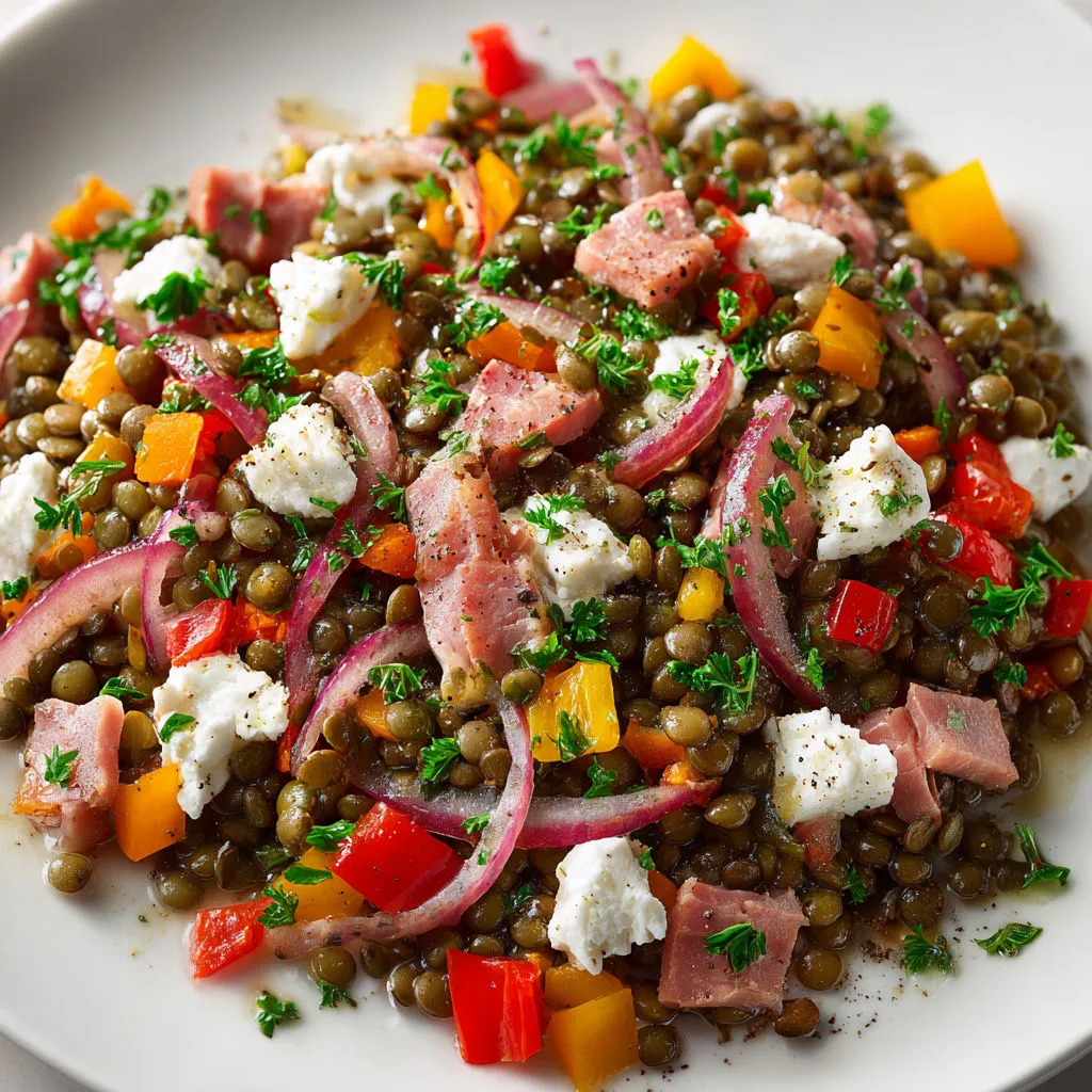 Salade de lentilles fraîche avec légumes croquants et feta sur un plateau.