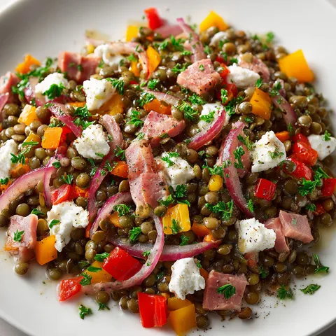 Salade de lentilles fraîche avec légumes croquants et feta sur un plateau.