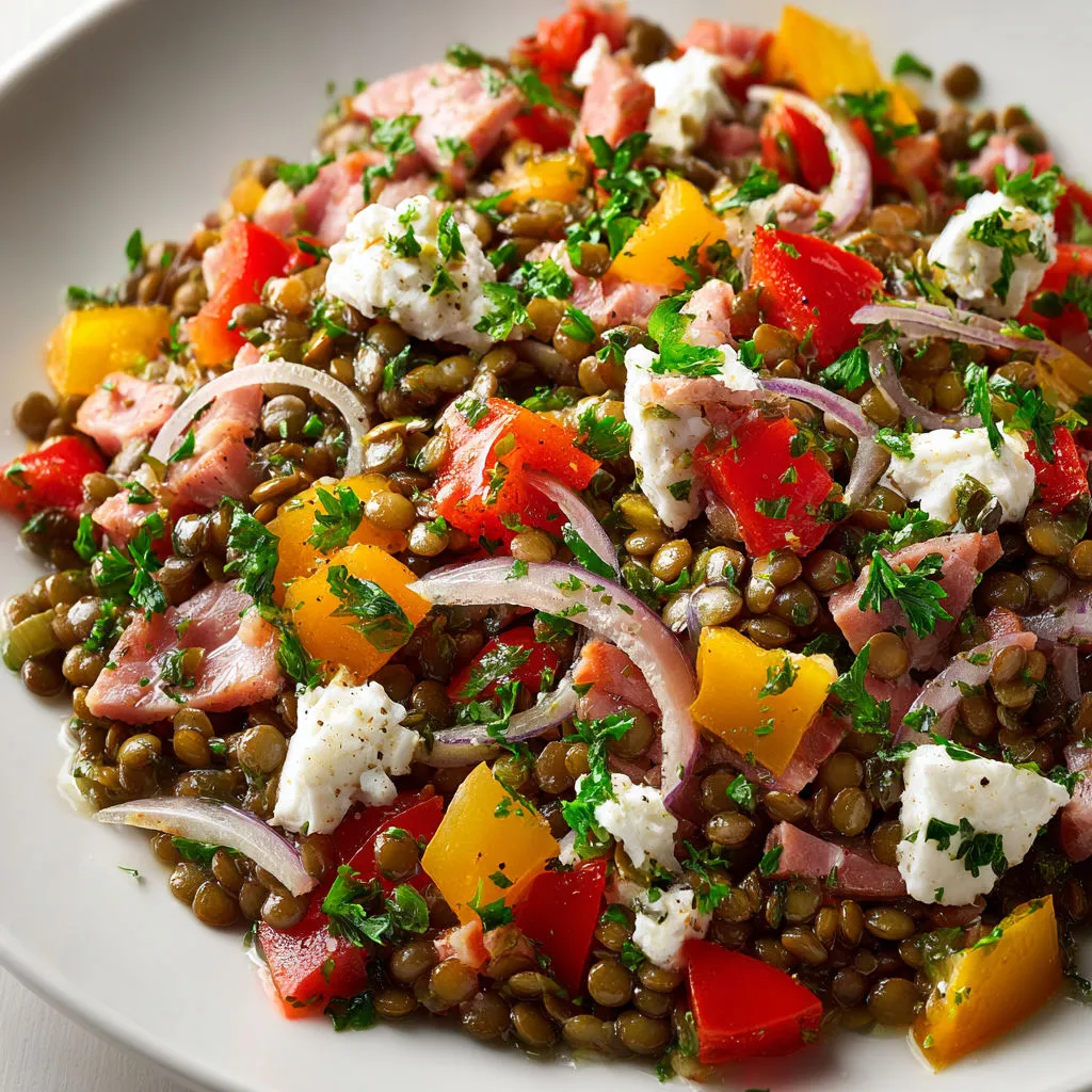 Salade complète de lentilles vertes, échalotes, poivrons croquants et feta émiettée, le tout relevé d’une vinaigrette légère à l’huile d’olive et vinaigre.