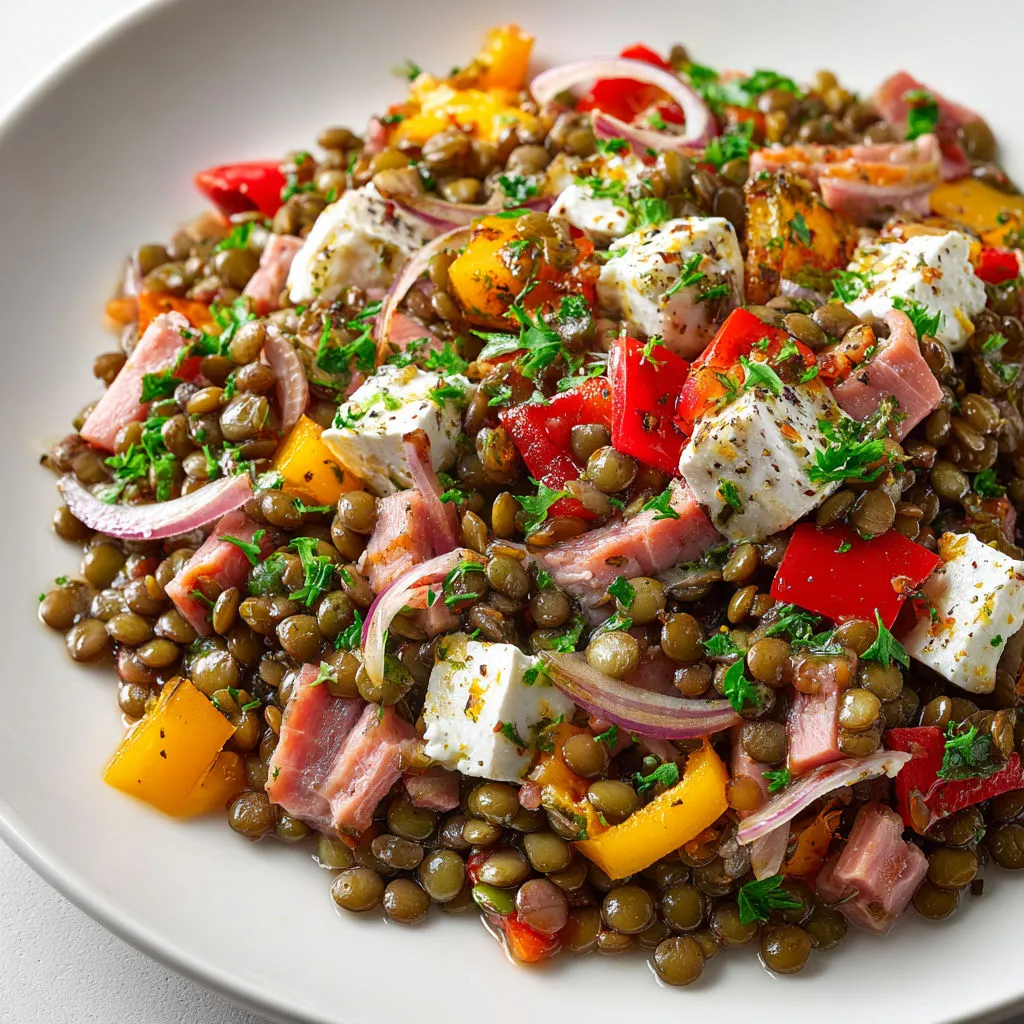 Plat froid rustique, nourrissant, souvent proposé en entrée ou en plat léger, relevé par la feta et jambon en option.