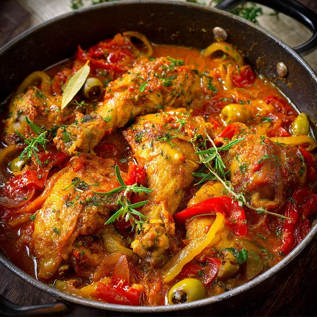 Plat réconfortant de poulet basquaise mijoté tendrement.