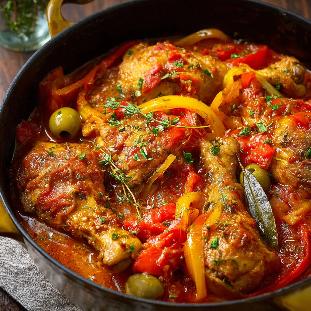 Poulet basquaise fondant aux poivrons, tomates et olives, parfumé au thym, laurier et piment d’Espelette.