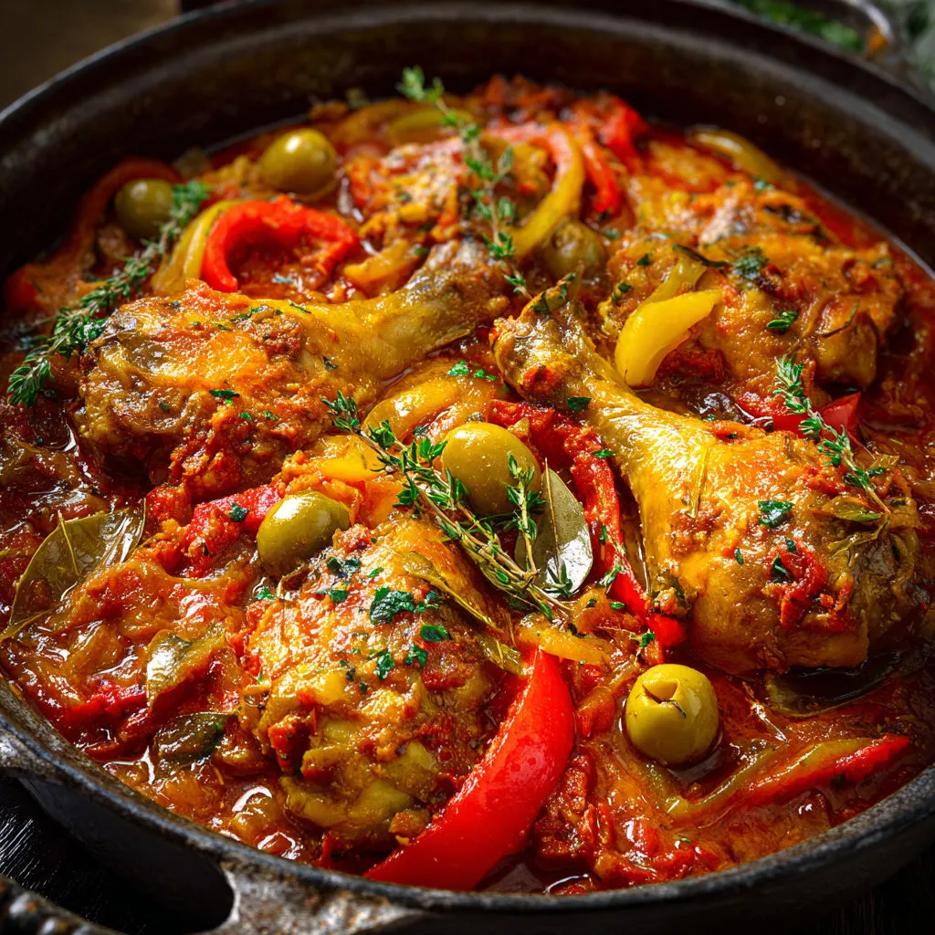 Plat du Sud-Ouest, copieux et coloré, poulet tendre dans une sauce gourmande et un peu relevée.