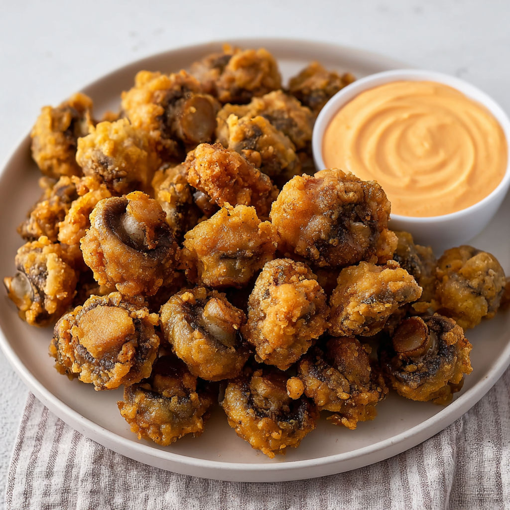 Champignons à grignoter, bien dorés et croquants dehors, tendres à l’intérieur, accompagnés de mayo qui pique un peu.
