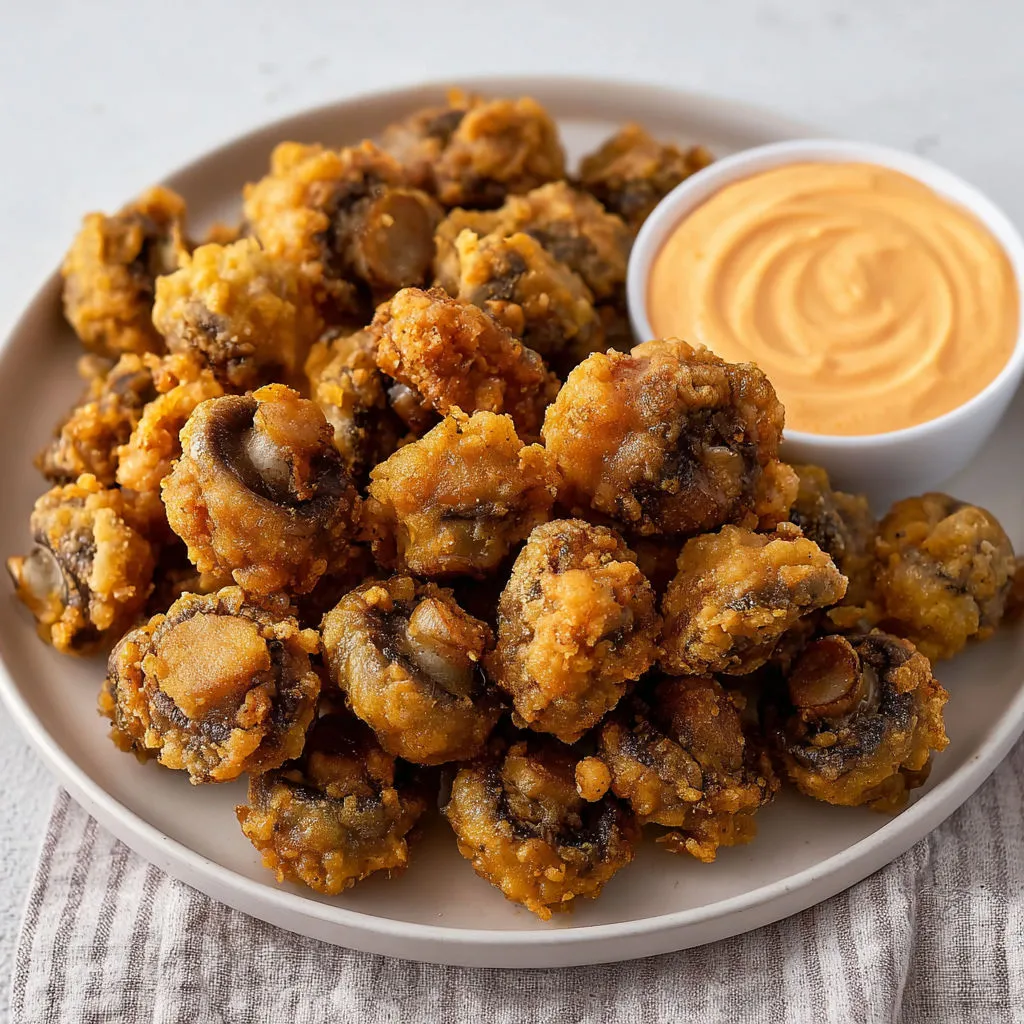 Champignons à grignoter, bien dorés et croquants dehors, tendres à l’intérieur, accompagnés de mayo qui pique un peu.