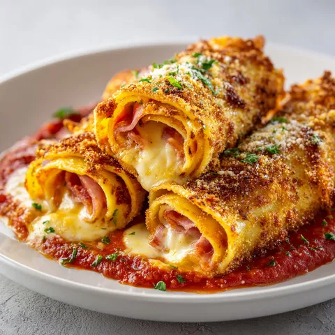 Roulés de lasagne croustillants garnis de fromage et jambon sur un plat.