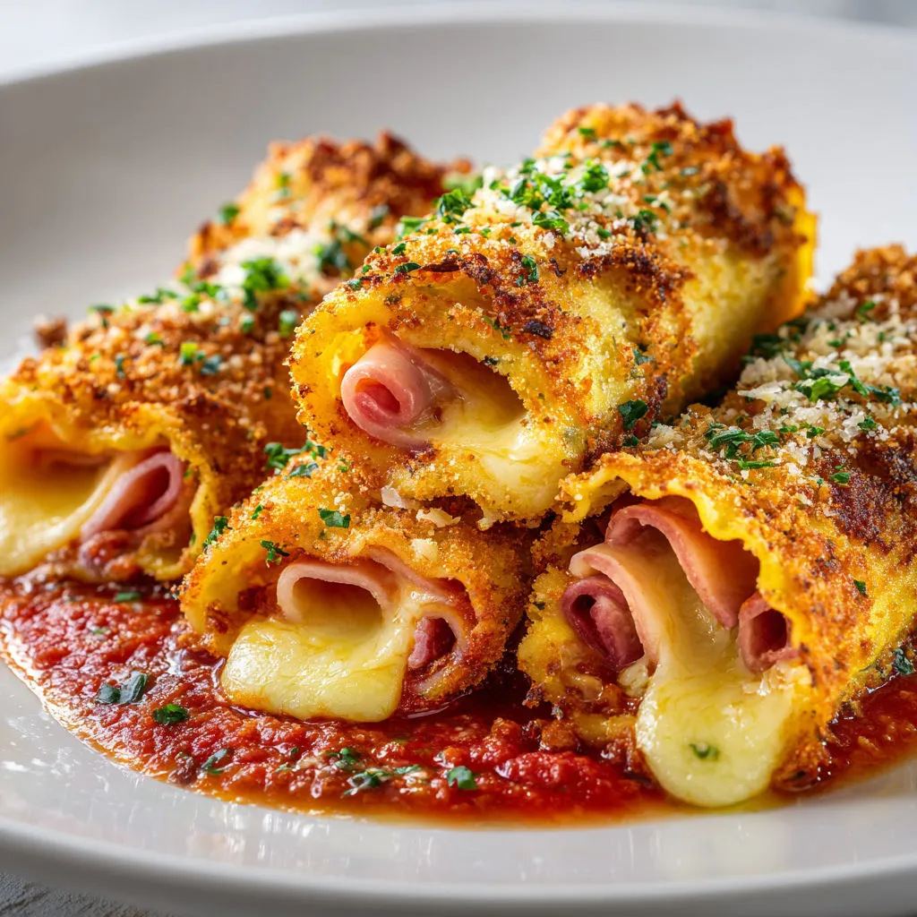 Lasagnes roulées croquantes au jambon et fromage fondant, entourées de chapelure panko dorée au four.