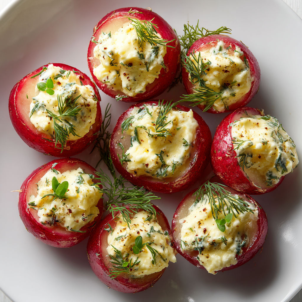 Radis farcis avec fromage frais et œufs, plus aneth et citron, pour une bouchée hyper fraîche et légère.