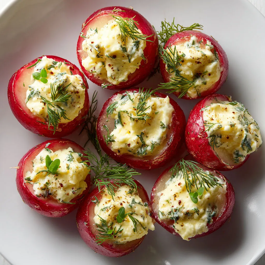 Radis farcis avec fromage frais et œufs, plus aneth et citron, pour une bouchée hyper fraîche et légère.