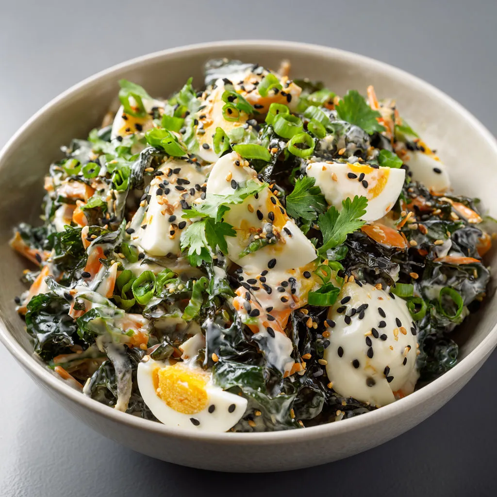 Une salade fraîche combinant algues wakamé, carottes croquantes, œufs et vinaigrette asiatique au sésame et soja.