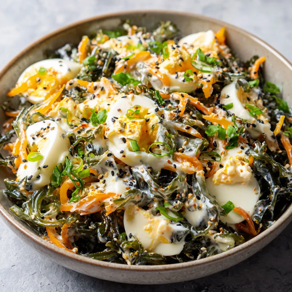 Salade printanière aux algues wakamé œufs et légumes croquants servie avec une vinaigrette asiatique gourmande